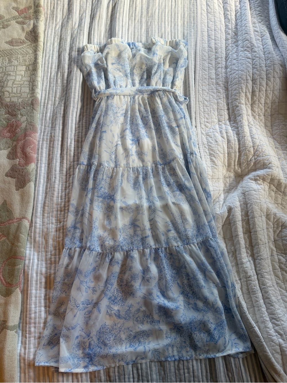 eesome Strapless Tiered Midi Dress in White and Light Blue Floral